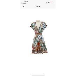 BCBGMaxAzria Cap Sleeve Dress Multicolor Plunge V Neck‎ Faux Wrap Size Medium